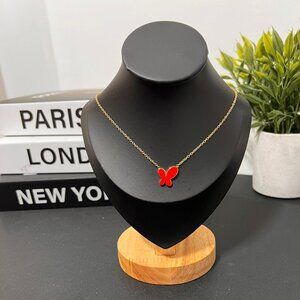 Stainless Steel Gold Tone Red Butterfly Pendant Necklace